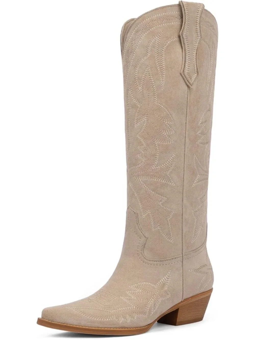 Women's Suede tan Knee High Boots Embroidered Pull on Pointed Toe Chunky Heel